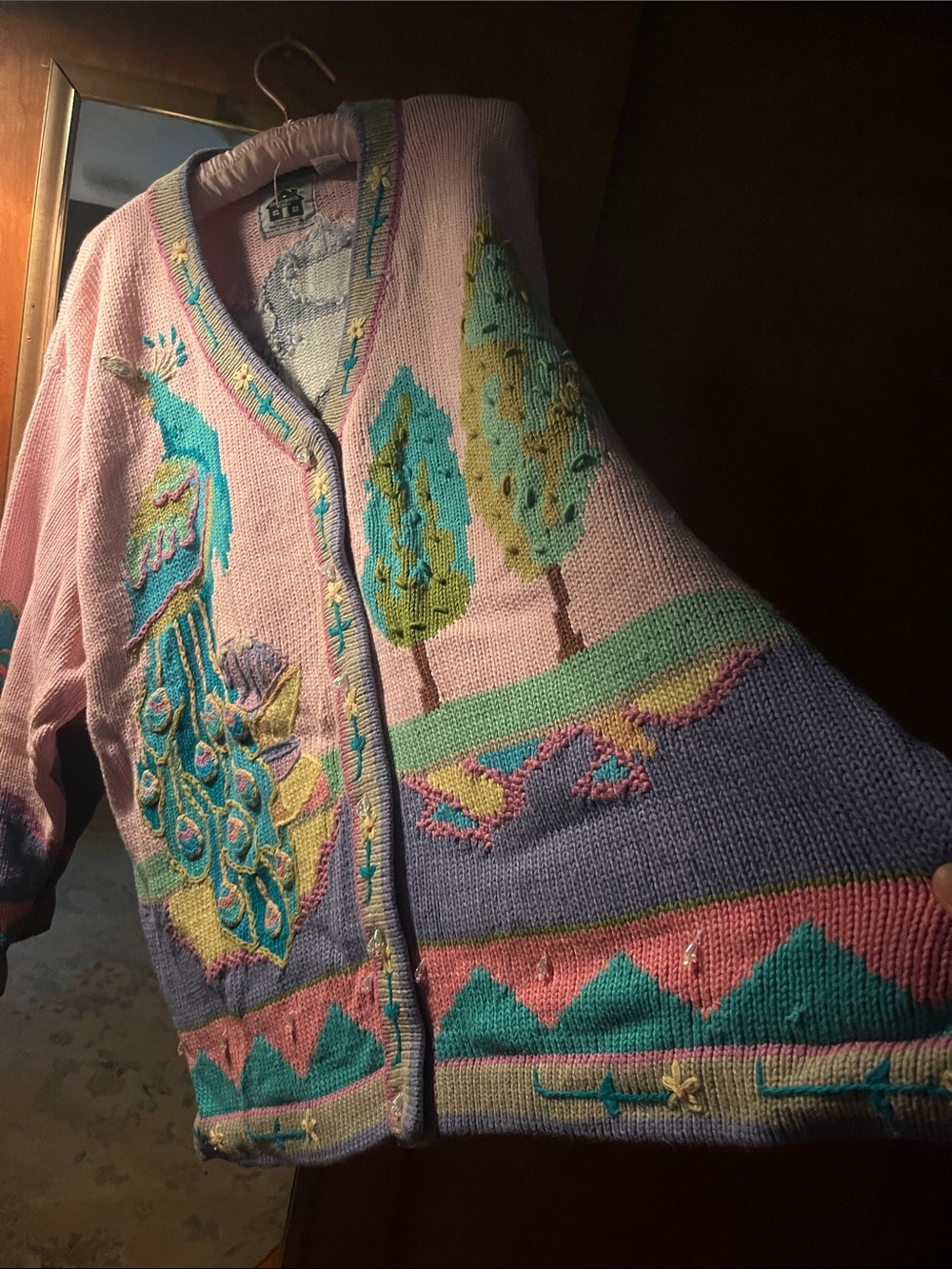 Vintage-Inspired Pink Peacock Embroidered Women's Cardigan Sweater